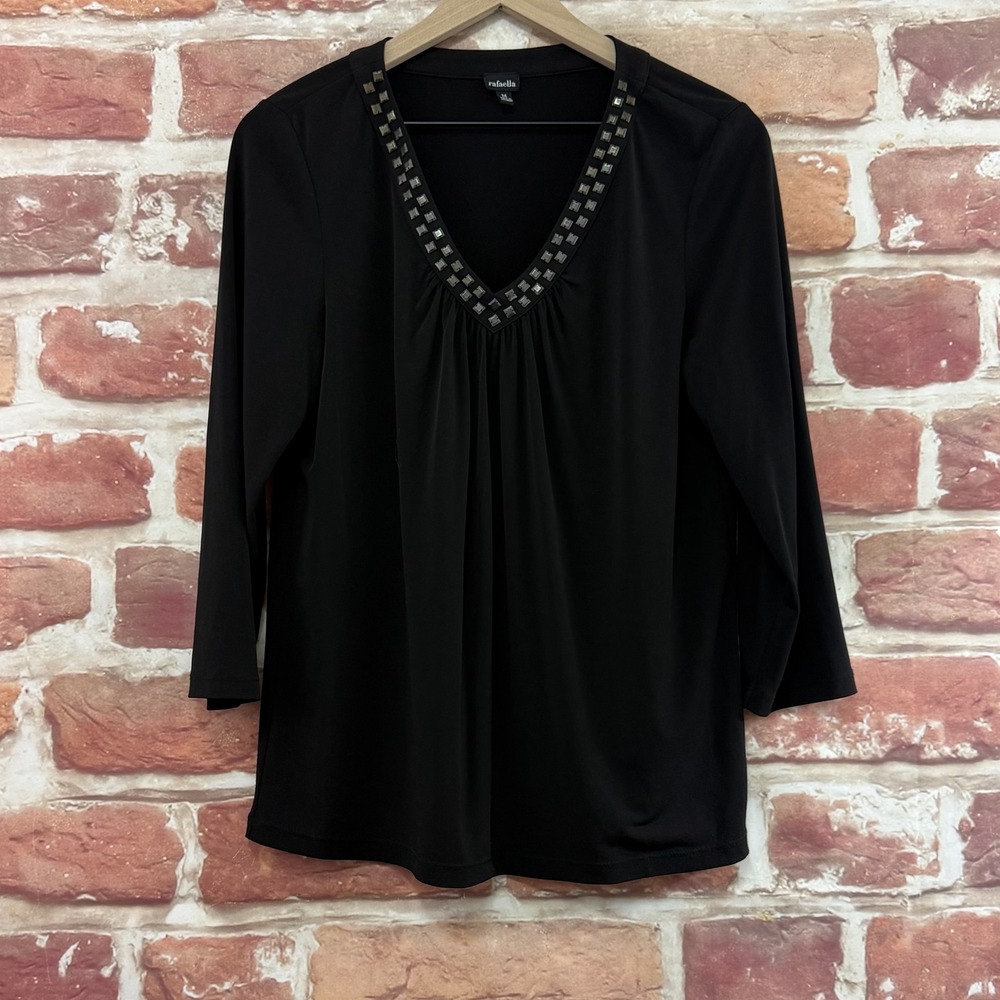 Rafaella Top Women's Medium Plain Black Stretchy Studded Neck Casual Shirt